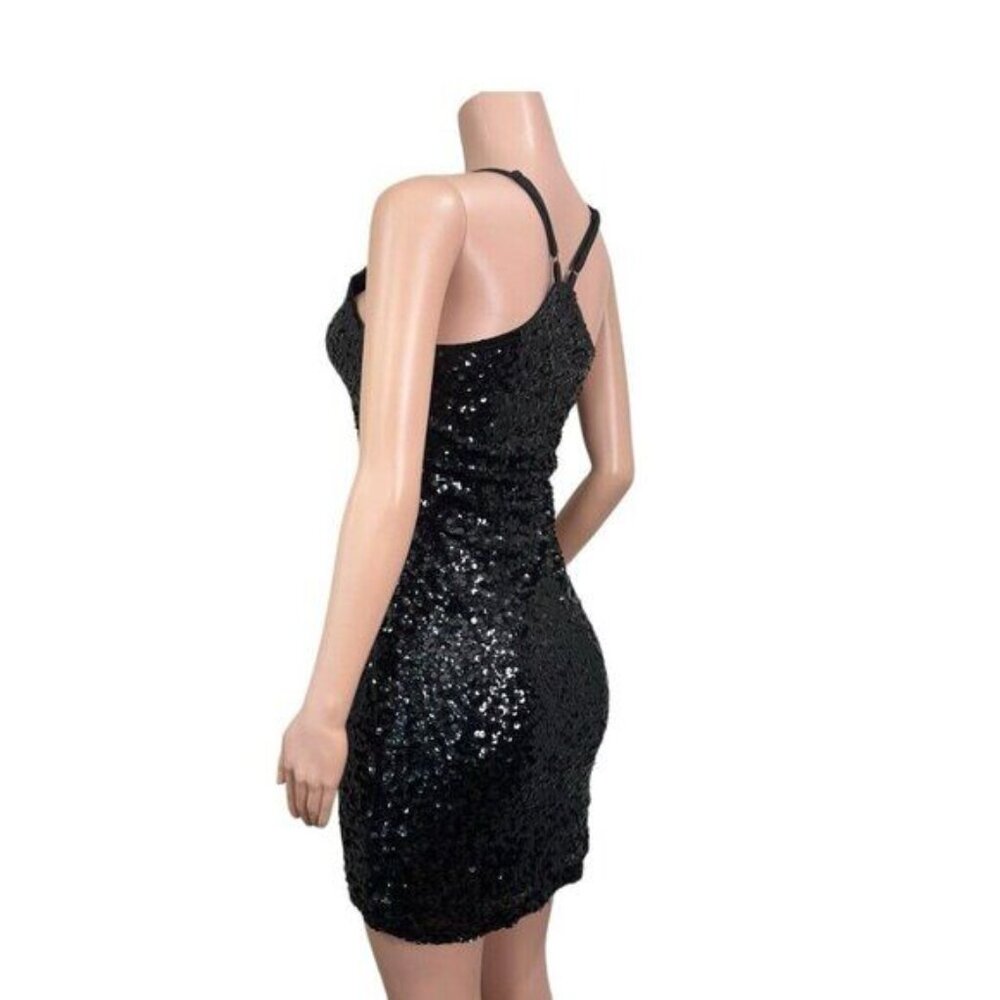 Black Sequin Mini Bodycon Dress With Adjustable Spaghetti Straps - Picture 10 of 13